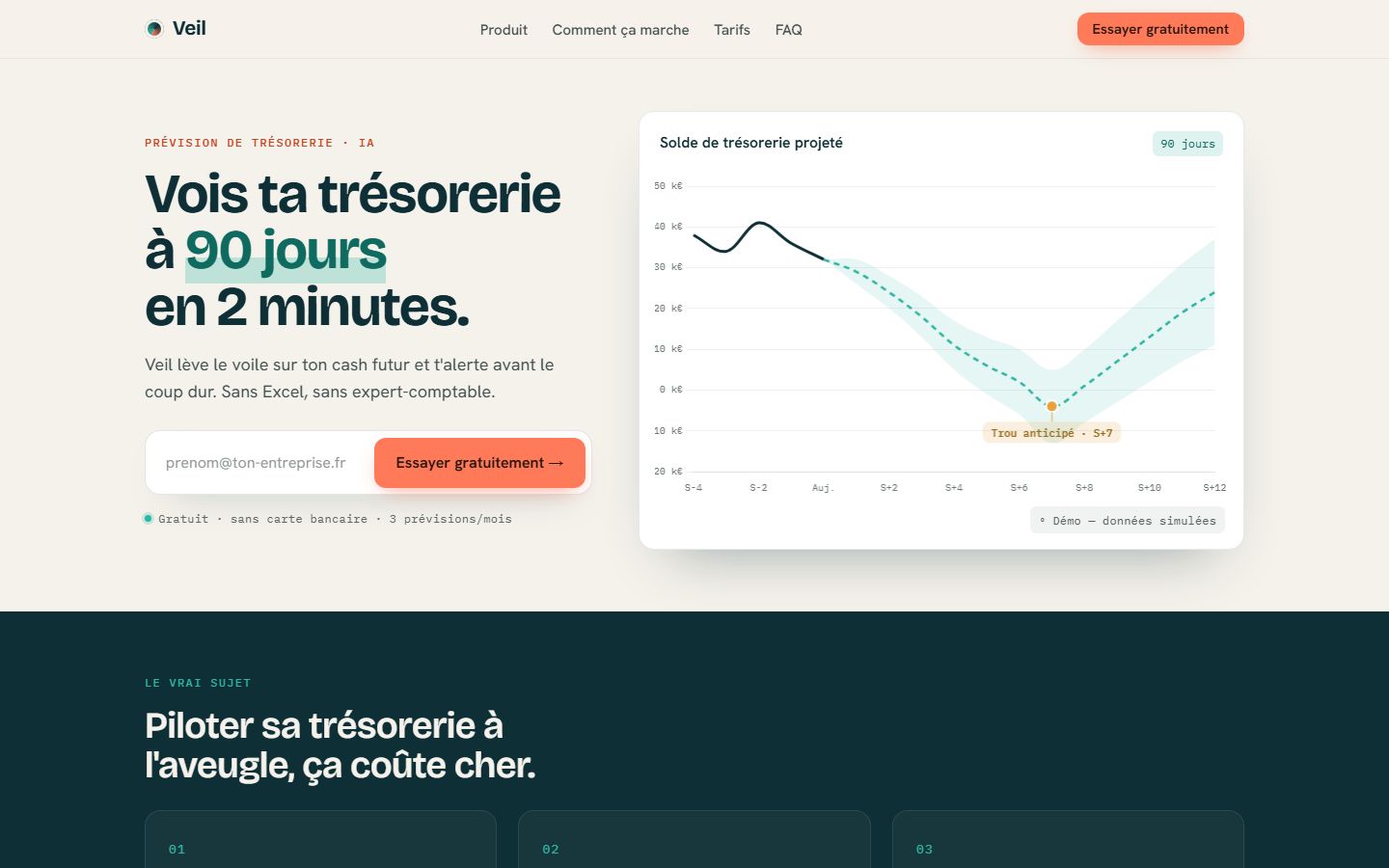 Capture de la landing SaaS B2B : section hero de conversion avec accroche produit et graphique de trésorerie.