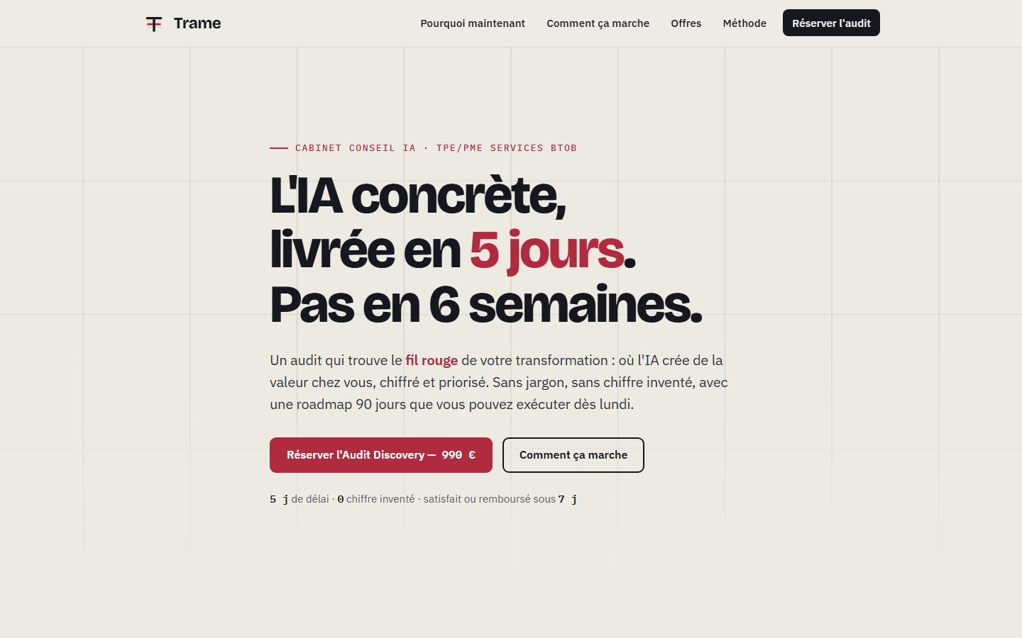 Capture du site officiel Trame Conseil : page d'accueil sombre avec le titre « L'IA concrète, livrée en 5 jours » et le motif de trame tissée.